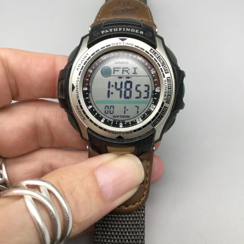 Casio Pathfinder PAS-400B Mens Watch 46mm Digital Gray Brown Canvas New Battery